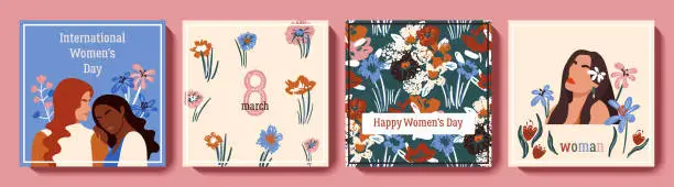 Vector illustration of Happy Women's day greeting card set with diverse female characters and flowers