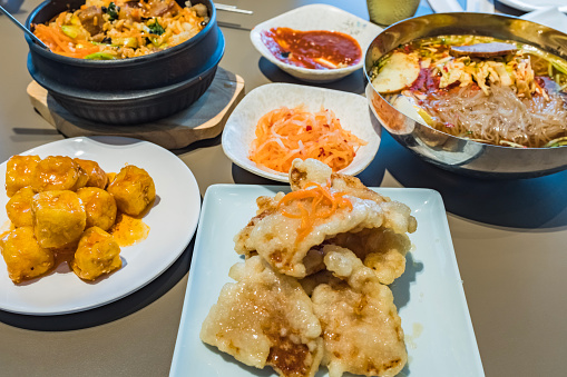 Traditional Korean dishes, Naengmyeon, Bi Bim Bap, Sweet and sour pork, Kimchi