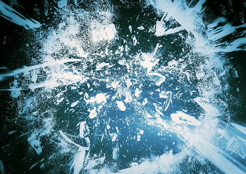 Abstract background of cracked ice and flying debris in science concept