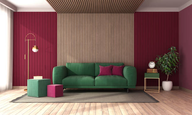 istock Living room with green sofa against wood paneling 1461568913
