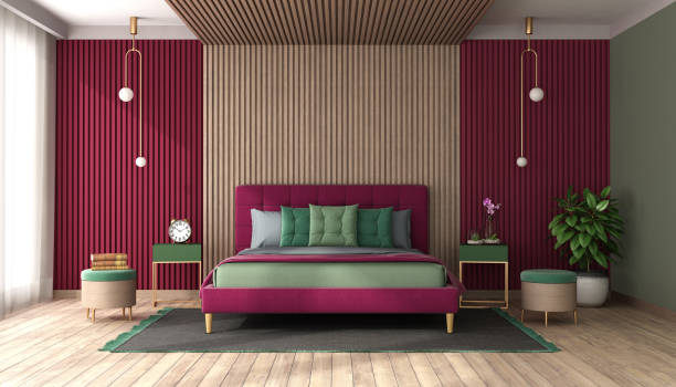 istock Modern beroom with double bed agaist wood paneling 1461568922