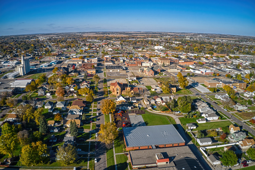 An aerial shot of Downtown Norfolk in Nebraska in autumn