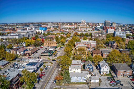 An aerial shot of Lincoln in Nebraska in autumn