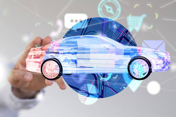 istock Businessman tapping on a 3D rendering of a car hologram 1461570002