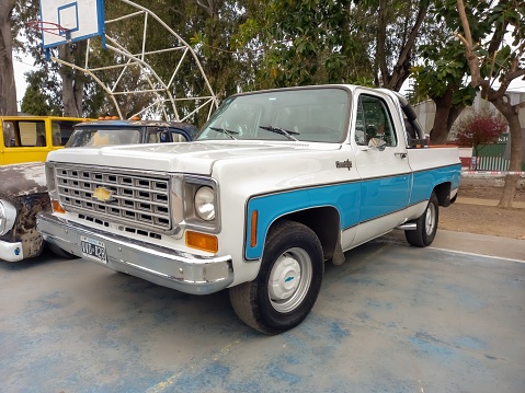 Lanus, Argentina – September 25, 2022: old white and blue 1970s Chevrolet Chevy C 10 Rounded Line pickup truck Fleetside bed by GM in a park. AAA 2022 Classic car show.