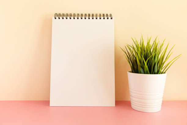 istock White spiral notepad with a plant on a pastel background 1461570302