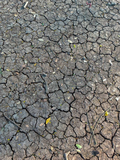 Stock photo of dry and cracked soil surface of ground,Picture captured during drought in the Indian rural area. lack of rainfall, water shortage, excess water demand, global warming causes of drought. stock photo