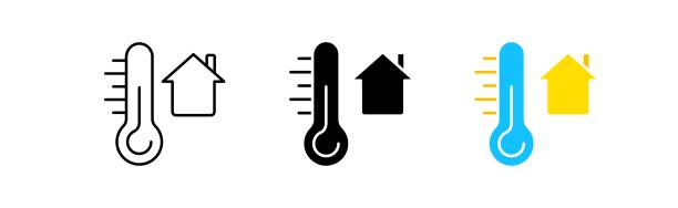 Room temperature icons set. Thermometer, home, comfort, global warming, summer, heat, warmth, up, meteorology, degrees, health, fever. weather concept. vector line icon in different styles Room temperature icons set. Thermometer, home, comfort, global warming, summer, heat, warmth, up, meteorology, degrees, health, fever. weather concept. vector line icon in different styles temp gauge stock illustrations