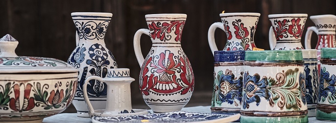 Pieces of decorated ceramic pottery at the souvenir market