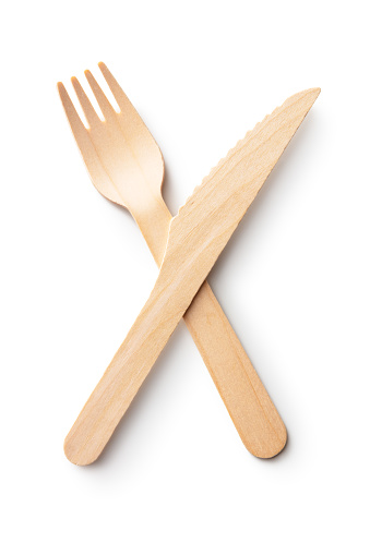 Kitchen Utensils: Wooden Fork and Knife Isolated on White Background