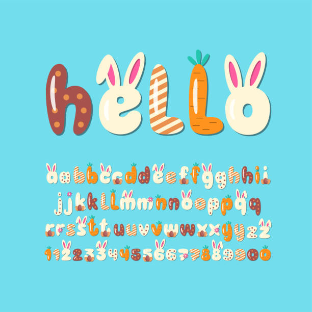 ilustrações de stock, clip art, desenhos animados e ícones de easter rabbit font with carrot and chocolate letters. - design element congrats design letter