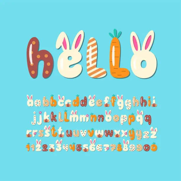 Vector illustration of Easter Rabbit Font with Carrot and Chocolate Letters.