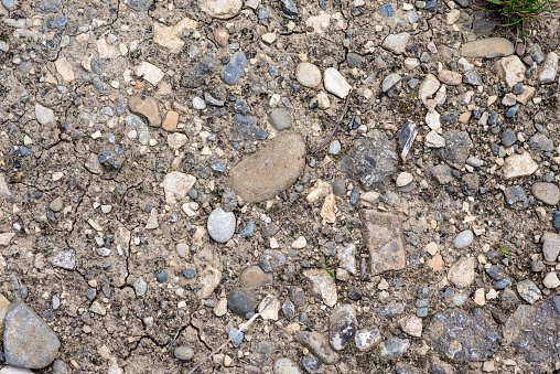 Texture. View from above of footpath made of small and large stones in sand and small plants