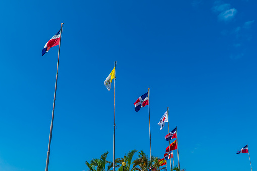 The Latin American and Asian flags at the Faro a Colon (Columbus Lighthouse) in Santo Domingo, DR