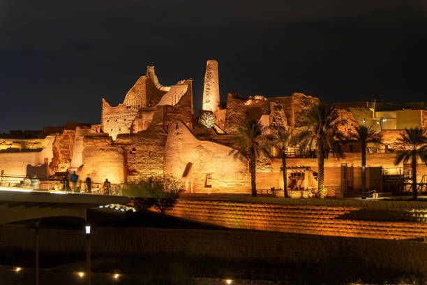 Salwa Palace illuminated at night at At-Turaif UNESCO World Heritage site stock photo