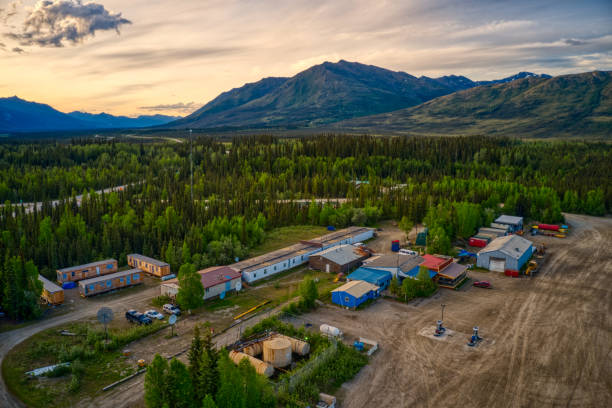 Aerial view of Coldfoot, Alaska along the Dalton Highway An aerial view of Coldfoot, Alaska along the Dalton Highway coldfoot alaska stock pictures, royalty-free photos & images
