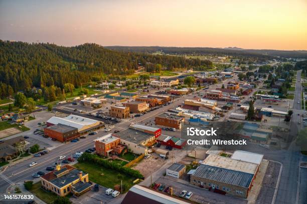 Aerial View Of Custer South Dakota At Sunset Stock Photo - Download Image Now - South Dakota, Custer - South Dakota, Rural Scene