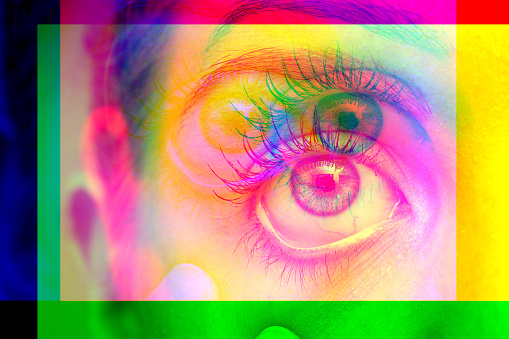 Multicolor vision of a girl's eye. three separate and offset RGB color channels. Graphic effect from 3D glasses