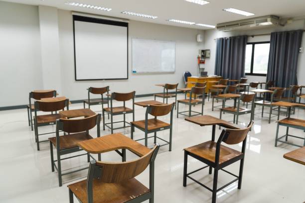 istock School classroom with many wooden chairs well-arranged in rows with no student 1461578289