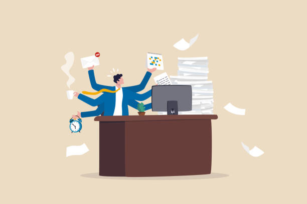 Workaholic, busy businessman multitasking or tired and exhausted from overworked, overload job, lot of paper works concept, workaholic businessman working hard on his office desk with paper works. vector art illustration