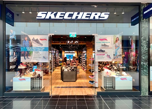 Chelmsford, United Kingdom – May 09, 2022: The facade of the Skechers footwear shop in the town center, Chelmsford, Essex, UK
