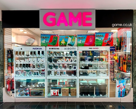 Chelmsford, United Kingdom – May 09, 2022: The facade of the Game retail store in the town centre, Chelmsford, Essex, UK