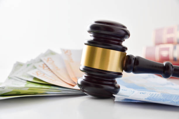 Gavel on table full of money and books isolated background stock photo