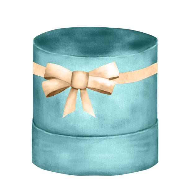 ilustrações de stock, clip art, desenhos animados e ícones de hand-drawn watercolor flower package: short light turquoise box with ribbon and bow - gift box packaging drawing illustration and painting