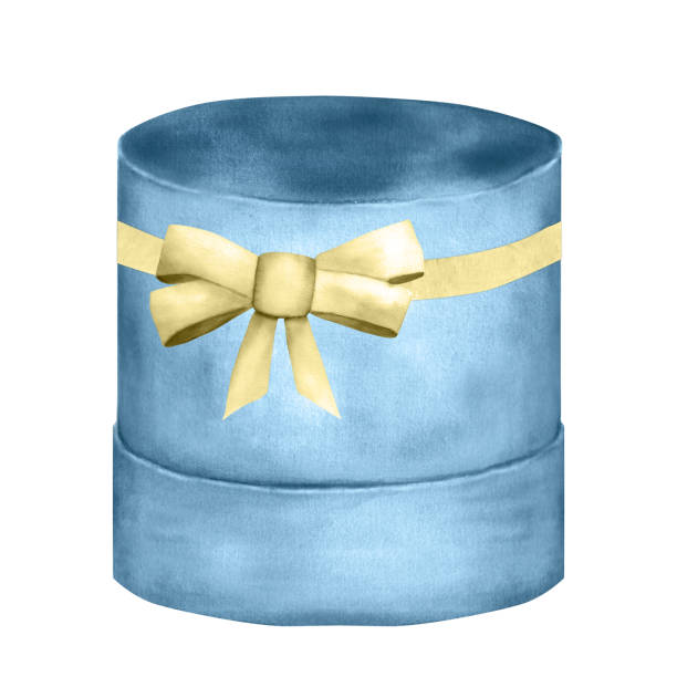 ilustrações de stock, clip art, desenhos animados e ícones de hand-drawn watercolor flower package: short light warm blue box with ribbon and bow - gift box packaging drawing illustration and painting