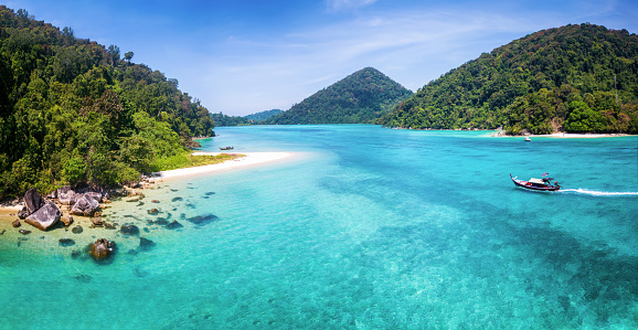 The beautiful Chong Khat bay at the remote Surin islands with turquoise sea and fine sand beaches, Thailand