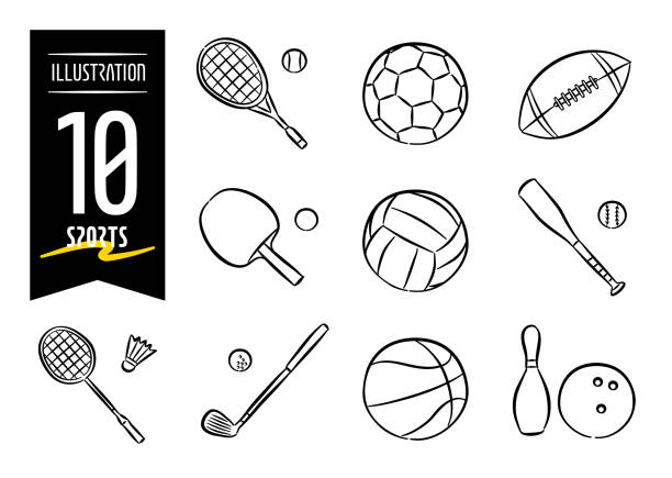 Set of 10 hand-drawn pop-style icon illustrations with sports motifs Set of 10 hand-drawn pop icon illustrations featuring sports, such as soccer and basketball badminton racket stock illustrations