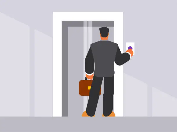 Vector illustration of Man pressing elevator button