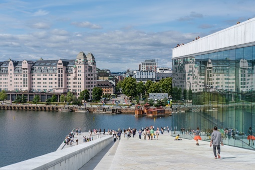 Oslo, Norway – July 23, 2022: An aerial view of cityscape Oslo surrounded by buildings