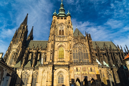 A low angle view of St. Vitus Cathedral in Prague