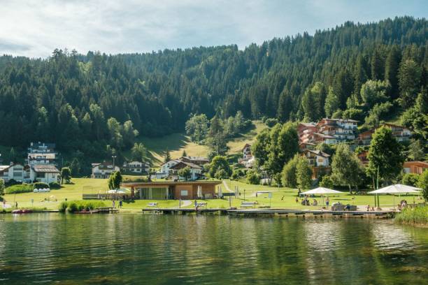 건물과 빽빽한 나무로 둘러싸인 락스 마을의 공중 전망 - switzerland tourism wall window 뉴스 사진 이미지