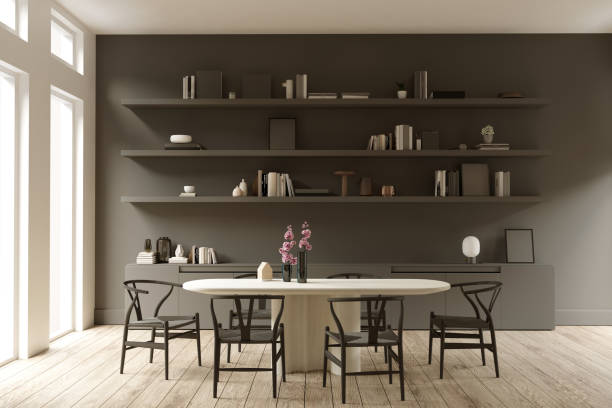istock Dining room with open shelves on wall 1461583504
