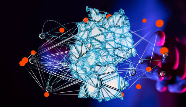 istock Man's hand displaying a 3D rendered map of Germany with neural network connections 1461583993
