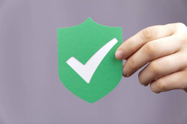 istock Close-up shot of a hand holding a shield privacy secure protection icon on a blurred background 1461584861