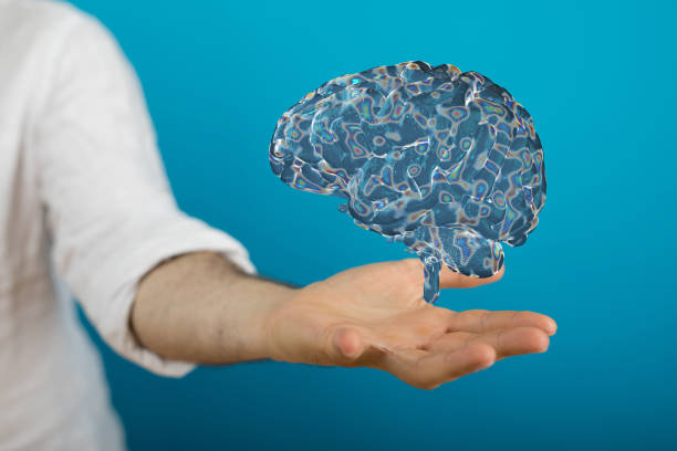 istock Male hand with a 3D rendered human brain over it - innovation, inspiration mind concept 1461585182