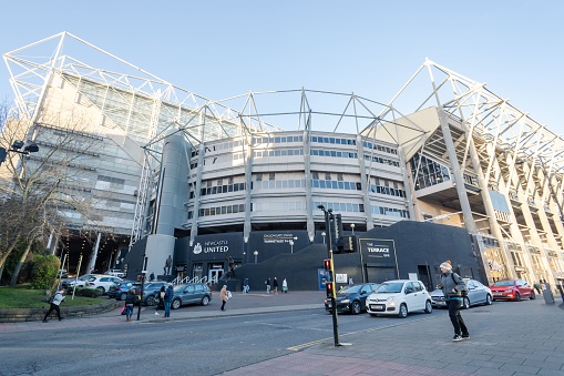 Newcastle upon Tyne, United Kingdom – January 30, 2023: Wide angle view of Newcastle United football club St. James' Park soccer stadium in the city of Newcastle upon Tyne, UK