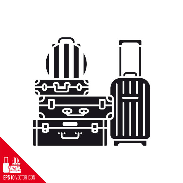 Stacked luggage vector glyph icon Stack of suitcases with a hat box and a trolley vector glyph icon. Global travel symbol. stacked hat boxes stock illustrations