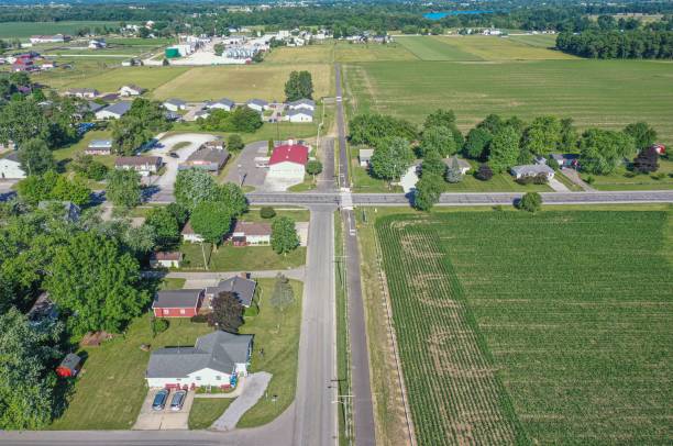 istock Aerial view of a town with green fields 1461586457