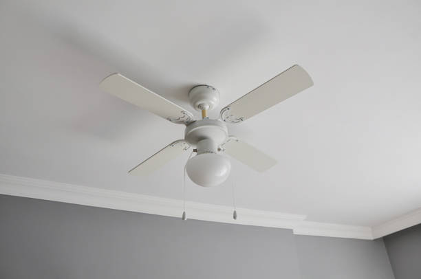 istock Electric ceiling lamp with propeller, electric installation services, with white ceiling 1461587800