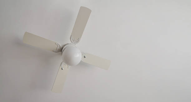 istock Electric ceiling lamp with propeller, electric installation services, with white ceiling, copy space 1461587904