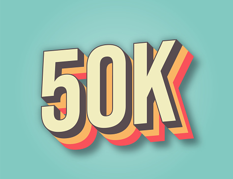 Thank you 50000 or 50k followers. Congratulation card. Web Social media concept. Blogger celebrates a many large number of subscribers. stock illustration