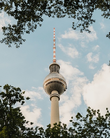 A low-angle shot of the berlin central tv tower