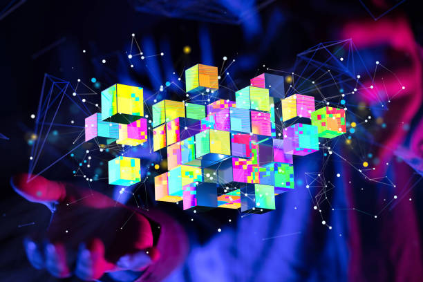 istock Colorful 3d rendered cubes floating above the hand. Big data cloud concept. 1461589522