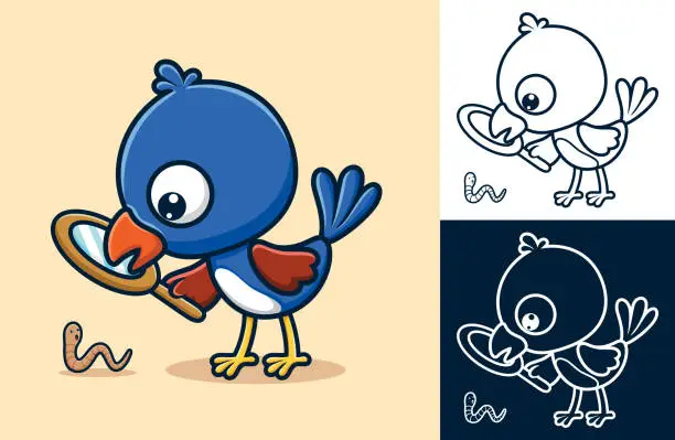 Vector illustration of Vector illustration of cartoon blue bird is holding a magnifying glass looking for worm