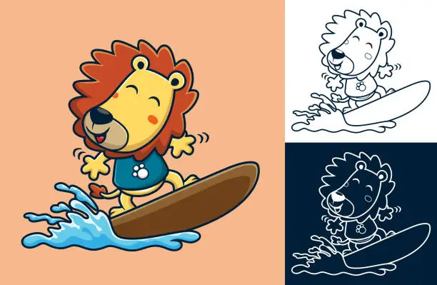 Vector illustration of Vector illustration of cute lion cartoon surfing on wave
