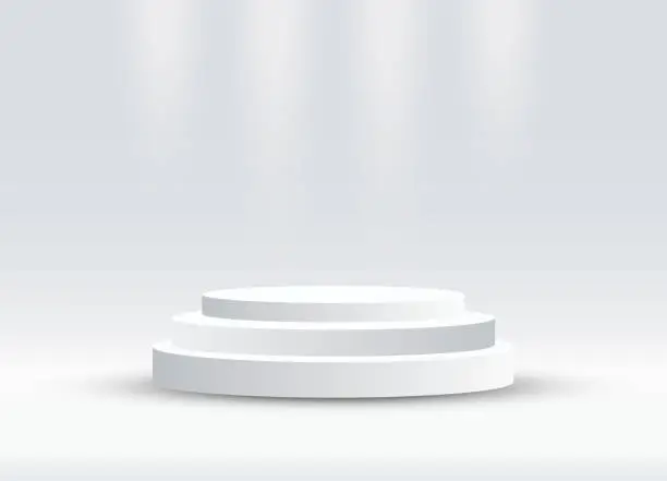 Vector illustration of A Abstract silver cylinder pedestal podium vector illustration. white empty room concept with semi circle glowing. Vector rendering 3d shape, Product display presentation. Futuristic wall scene